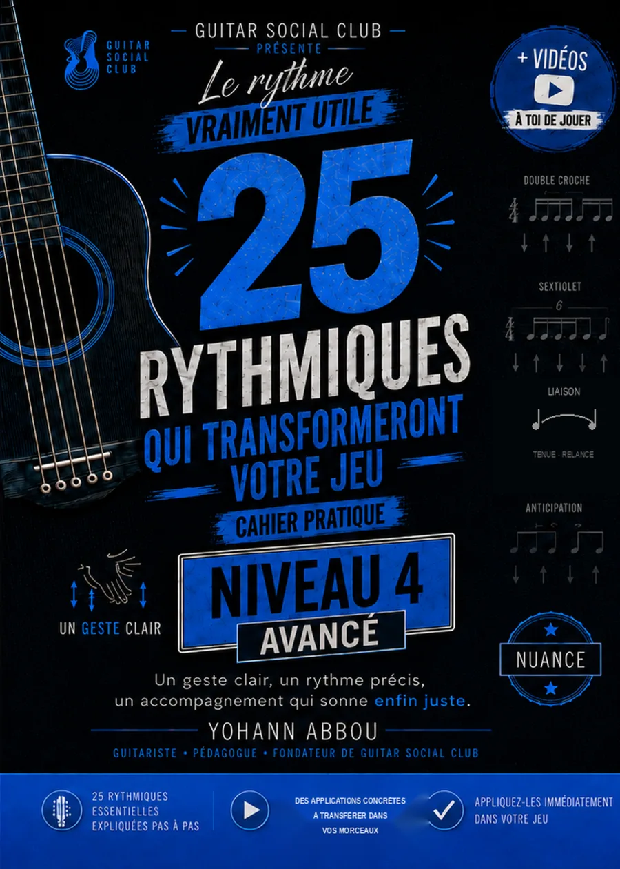 Couverture bleue du volume 4 25 rythmiques guitare niveau avancé