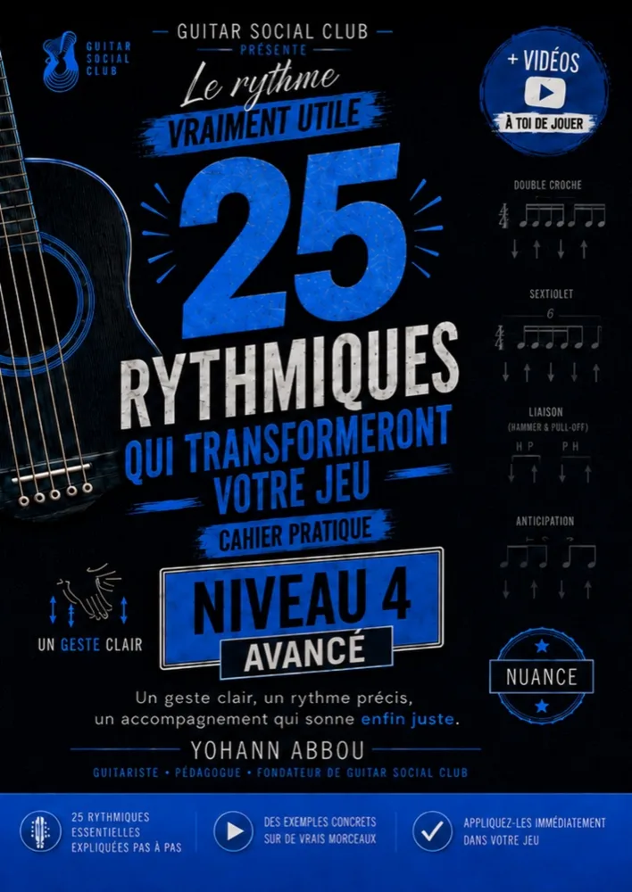 Couverture bleue du volume 4 25 rythmiques guitare niveau avancé
