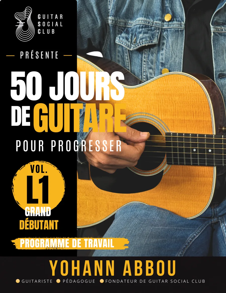 Livre 50 jours de guitare pour progresser - Vol. 1 L1 Grand débutant : Le premier volume pour apprendre la guitare dans le bon ordre : posture, médiator, accordage, pulsation, premiers accords ouverts, groupes de cordes et premières grilles. pour progresser à la guitare avec une méthode claire