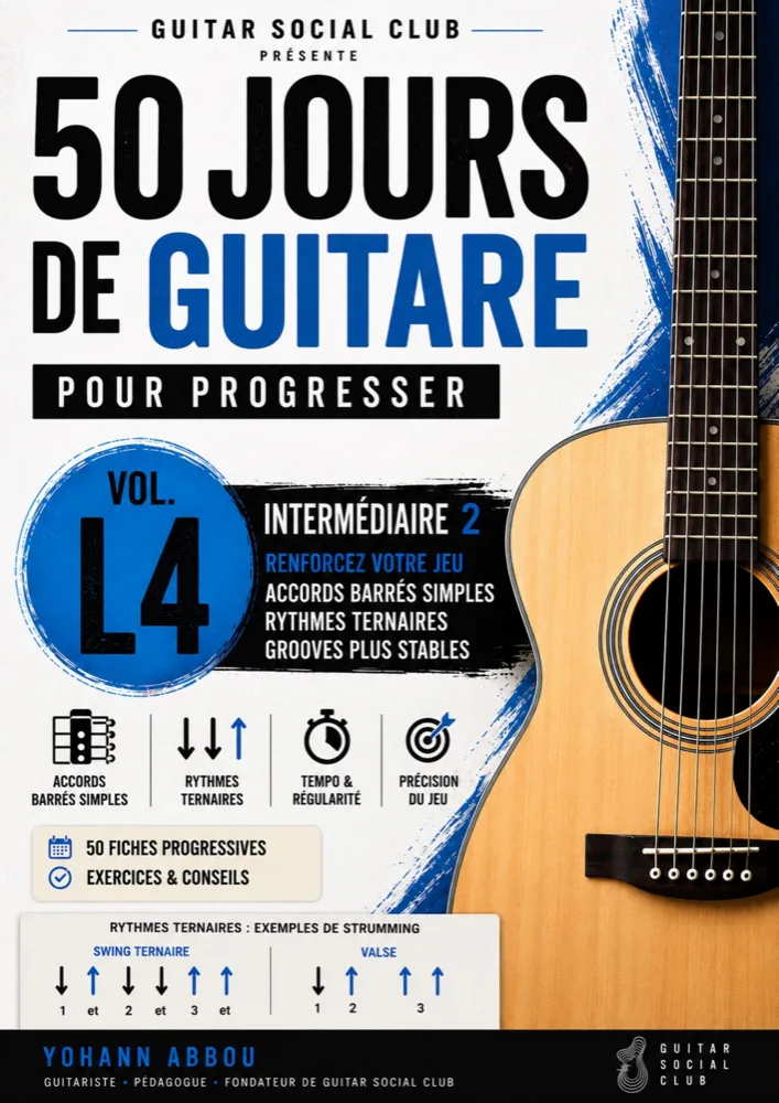 Livre 50 jours de guitare pour progresser - Vol. 4 L4 Confirmé : Le volume qui installe la sensation ternaire : 6/8, 12/8, triolets, arpeges, ballades, blues lent, shuffle, folk, rock et etudes completes. pour progresser à la guitare avec une méthode claire