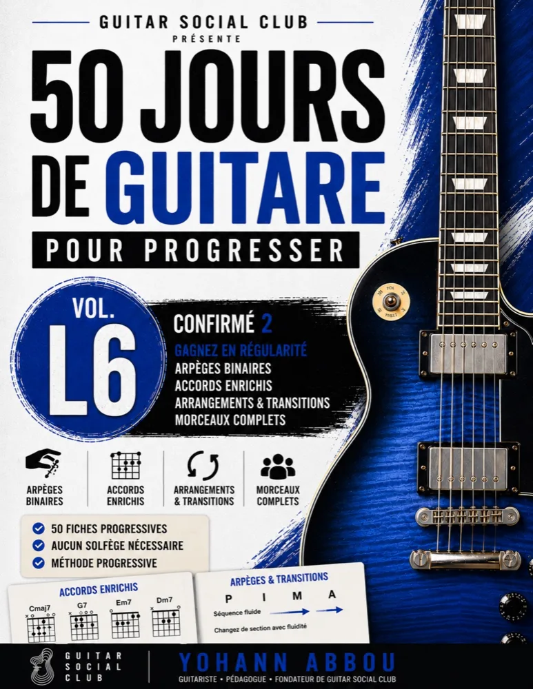 Livre 50 jours de guitare pour progresser - Vol. 6 L6 Confirmé 2 : le volume qui transforme tes acquis en accompagnements complets, avec arpèges binaires, accords enrichis, transitions entre textures, sections de chanson, tempos variés et arrangement personnel.