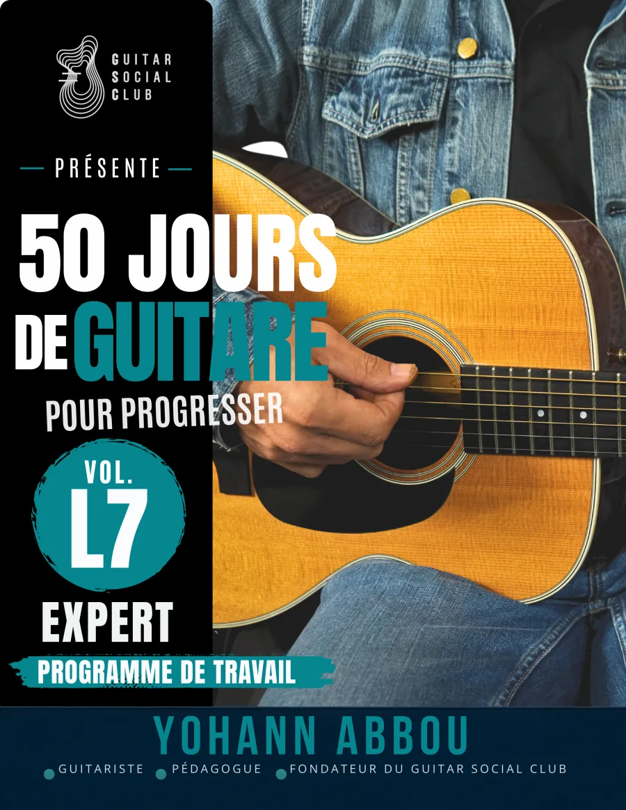 Livre 50 jours de guitare pour progresser - Vol. 7 L7 Expert : Le volume qui affine l’accompagnement : doubles croches liées, anticipations, voicings ouverts, add9, sus2, sus4, jeu aux doigts bossa, nuances et composition finale. pour progresser à la guitare avec une méthode claire