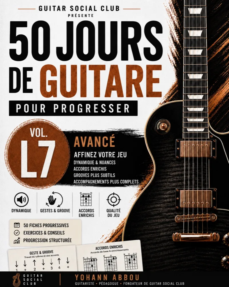 Livre 50 jours de guitare pour progresser - Vol. 7 L7 Avancé : Le volume qui affine l’accompagnement : doubles croches liées, anticipations, voicings ouverts, add9, sus2, sus4, jeu aux doigts bossa, nuances et composition finale. pour progresser à la guitare avec une méthode claire