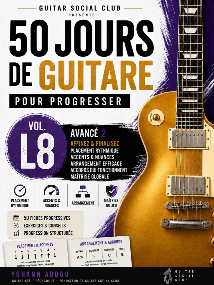 Livre 50 jours de guitare pour progresser - L8 Avancé 2 : Placement rythmique précis, accents et nuances, accords mieux choisis, arrangements cohérents, synthèse des acquis et maîtrise globale. pour progresser à la guitare avec une méthode claire