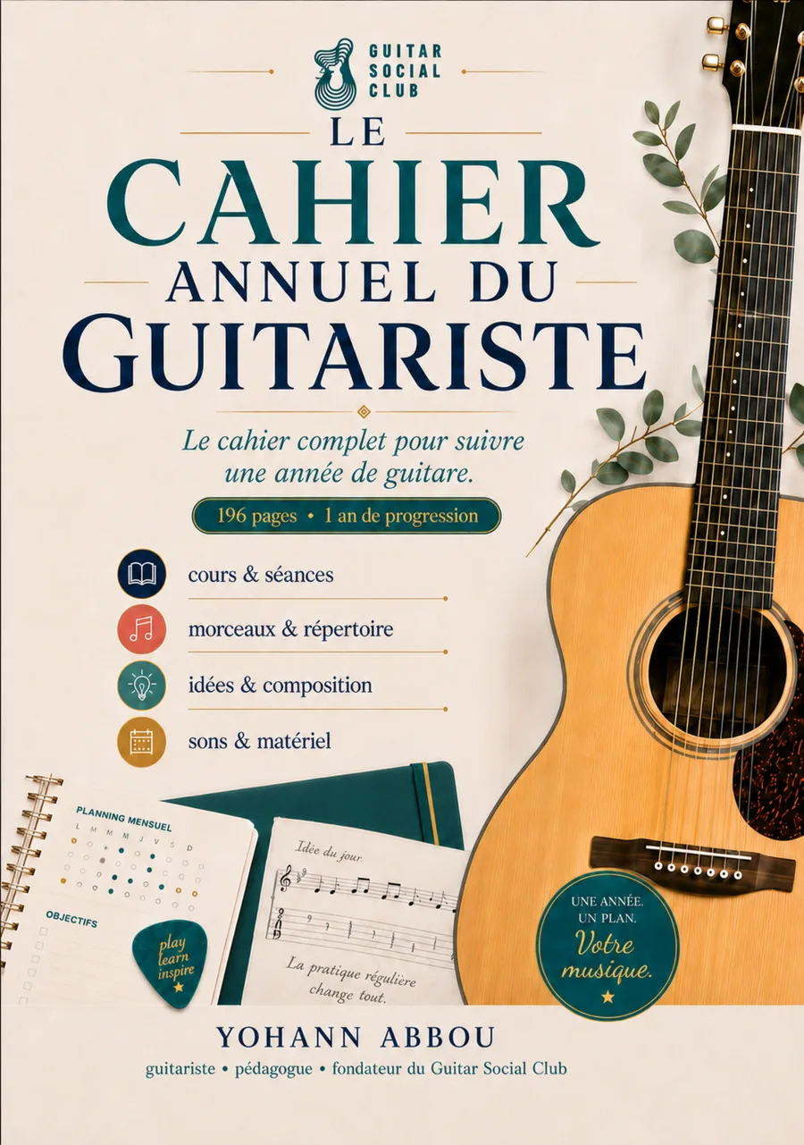 Le Cahier annuel du guitariste : visuel principal de la page produit, présentation claire de l'élément et de son usage guitare.