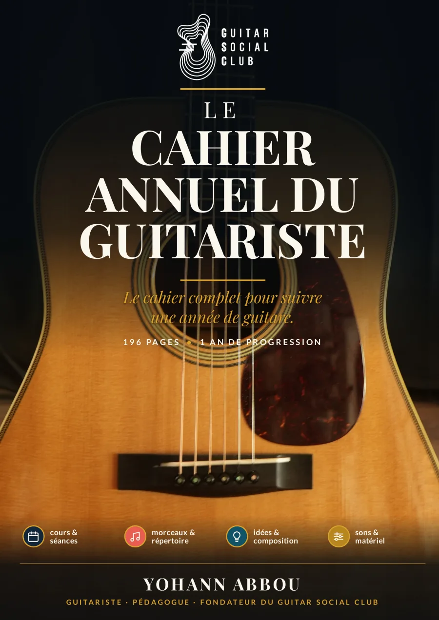 Le Cahier annuel du guitariste : couverture du cahier de 196 pages pour suivre une année de guitare.