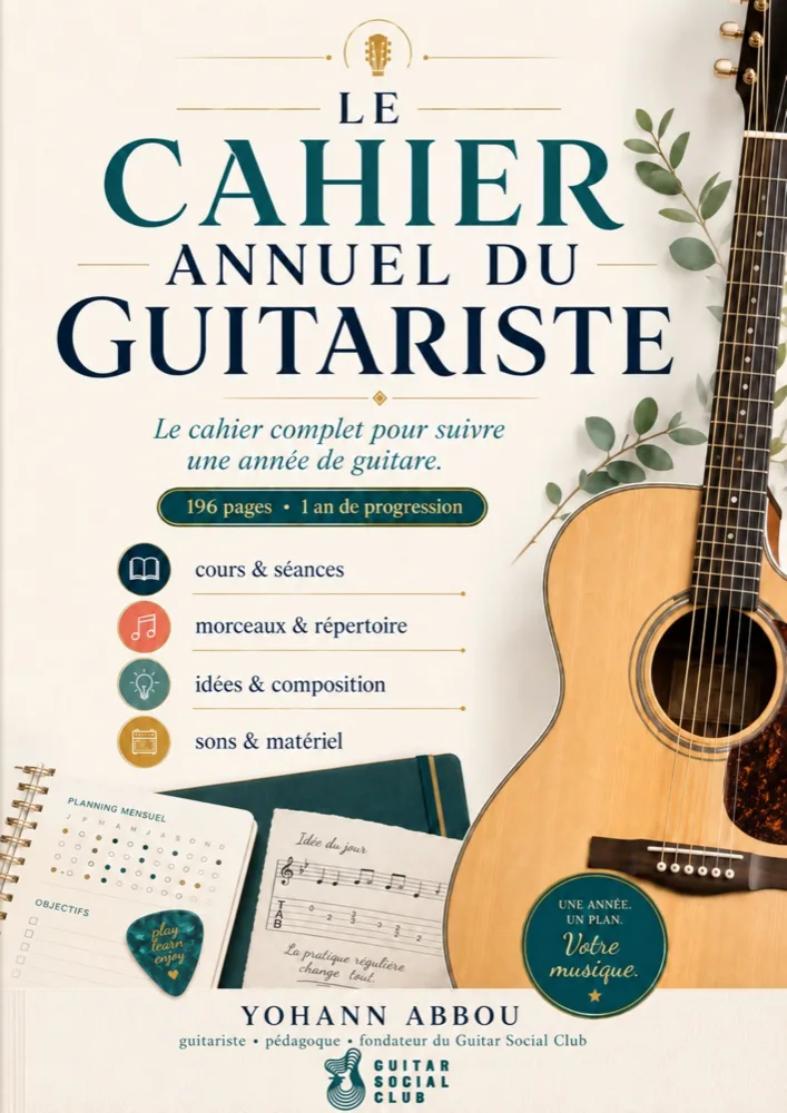 Le Cahier annuel du guitariste : visuel principal de la page produit, présentation claire de l'élément et de son usage guitare.