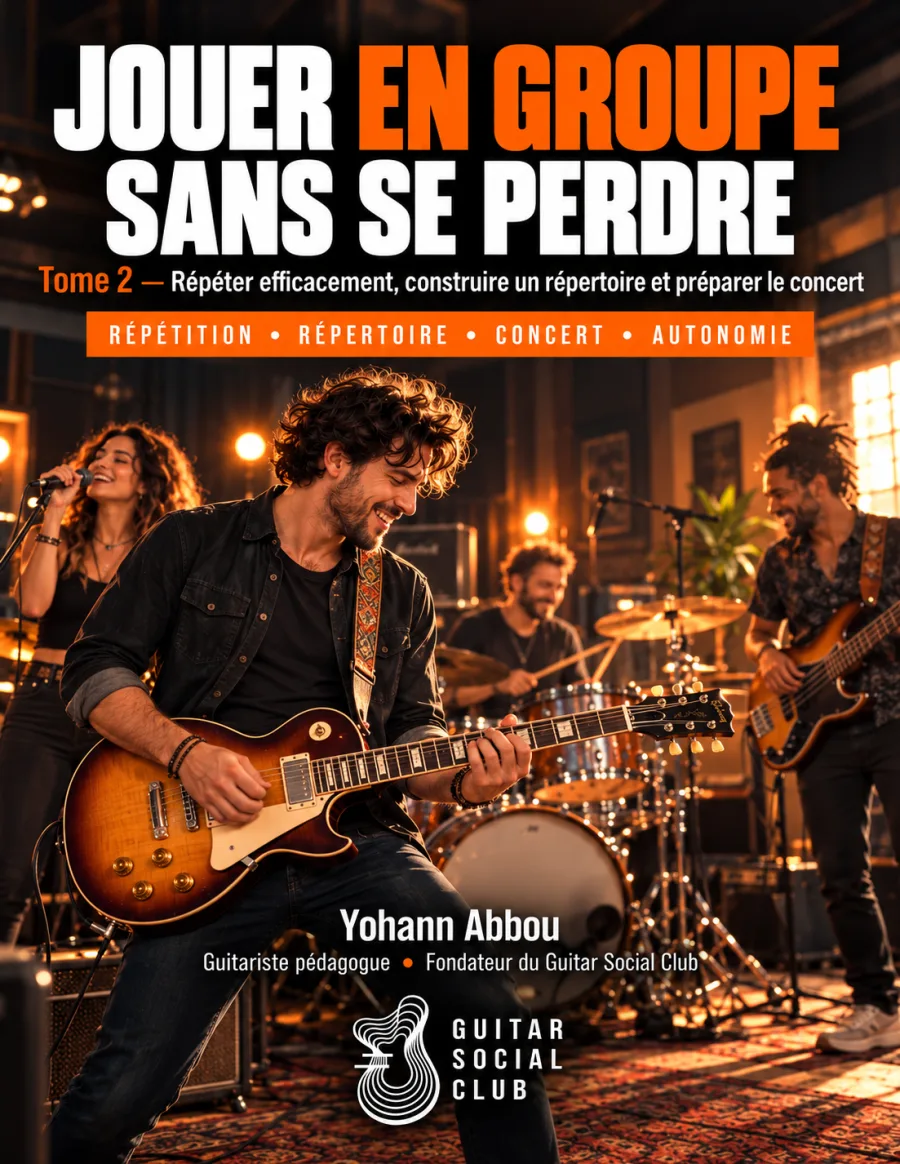 Couverture du livre Jouer en groupe sans se perdre, tome 2 : Répéter efficacement, construire un répertoire et préparer le concert, un groupe sur scène autour d’un guitariste, par Yohann Abbou.