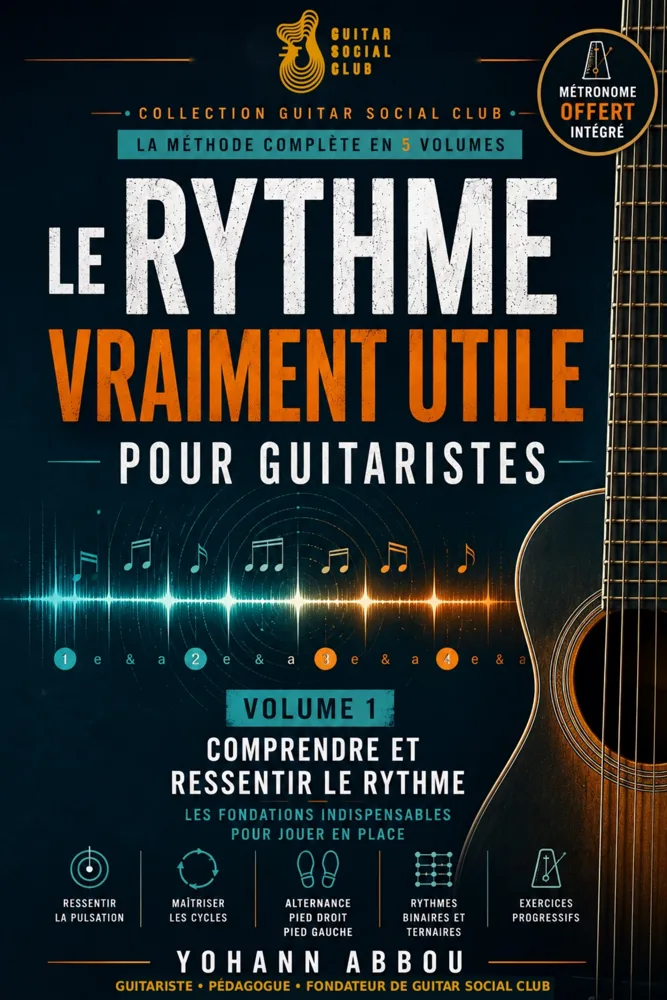 Pochette du pack Le rythme vraiment utile pour guitaristes réunissant les 5 volumes de la méthode rythme GSC avec app métronome compagnon